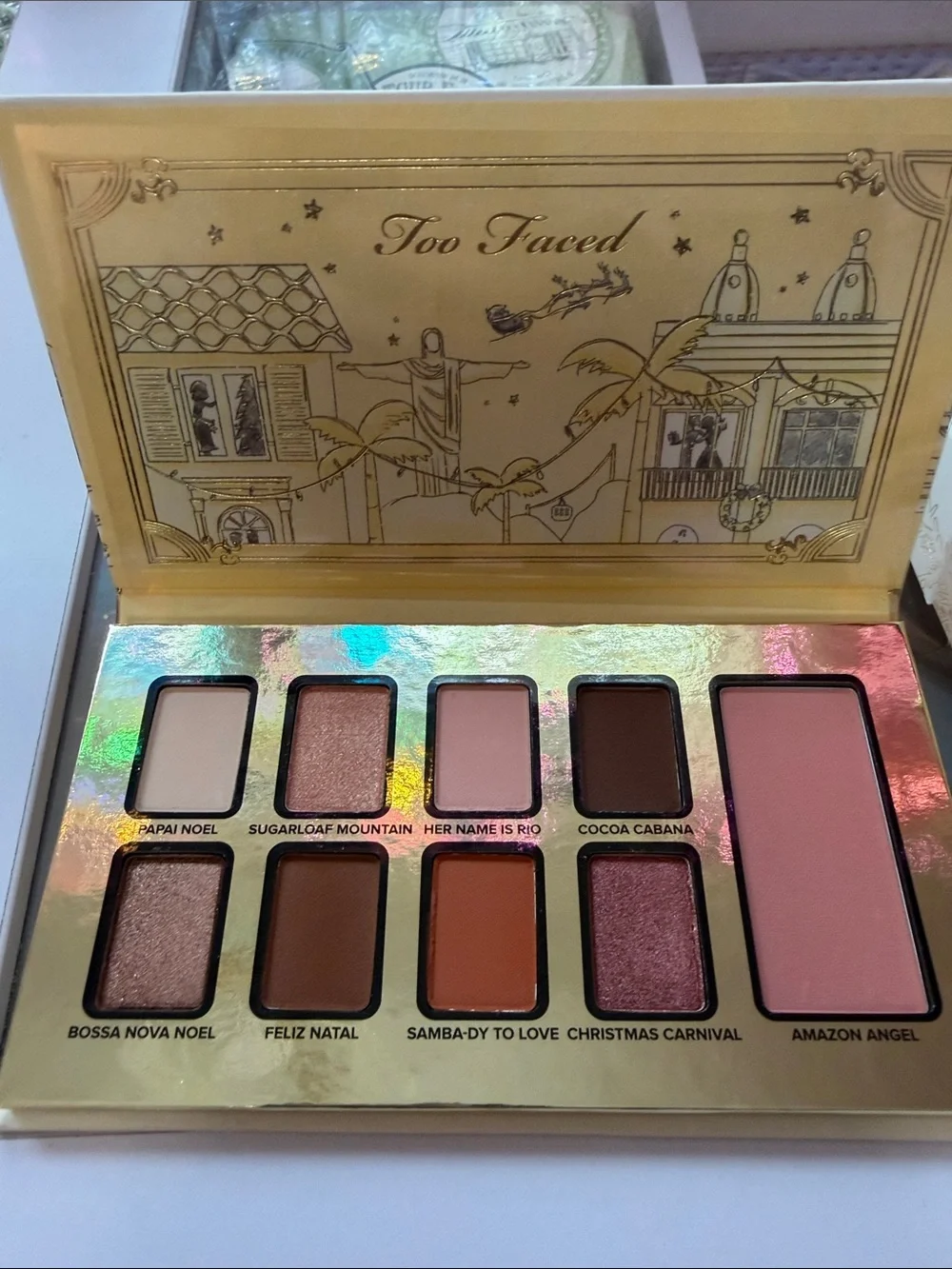 Too Faced Christmas Around the World Palette - Pink, Teal, Cream & Gold Accents